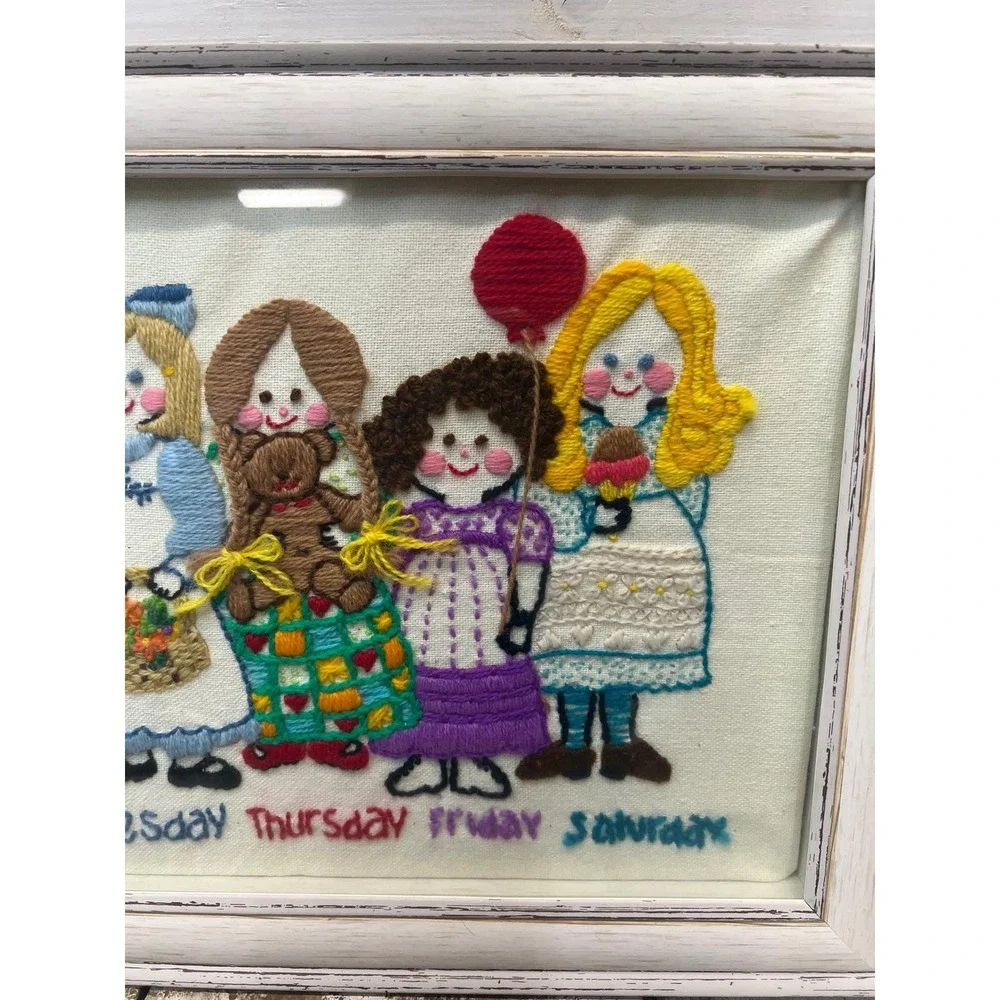 Vintage Days Of Week Embroidery Shadowbox Wall Art Needlepoint Cottagecore Decor